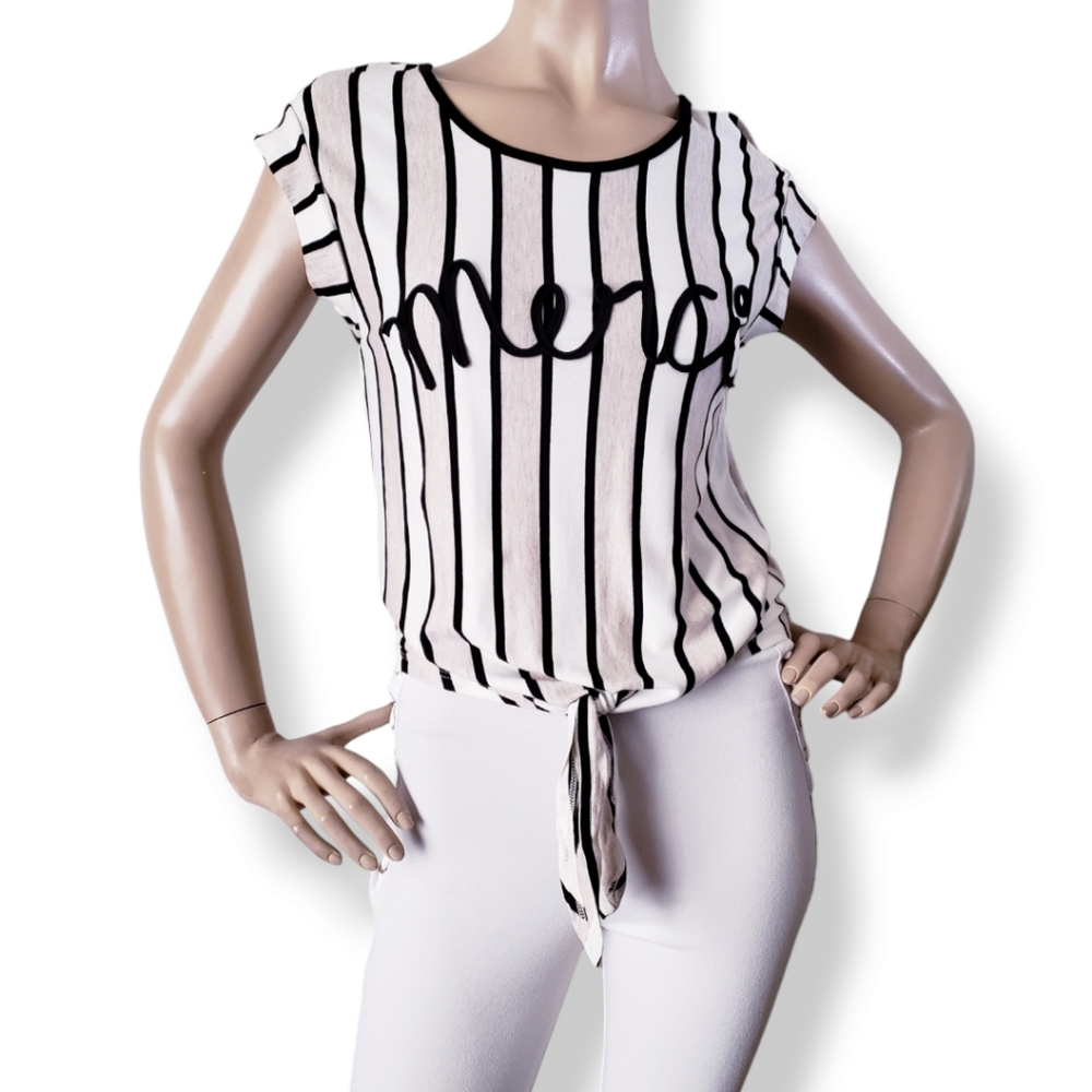 La Banga Striped French "Merci" Embroidered Front Knot Top Size Small- Sample